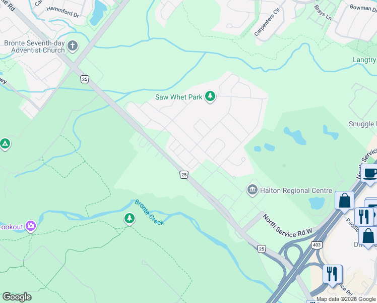 map of restaurants, bars, coffee shops, grocery stores, and more near 1329 Merton Road in Oakville