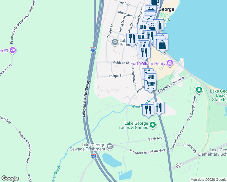 map of restaurants, bars, coffee shops, grocery stores, and more near 28 Prospect St in Lake George