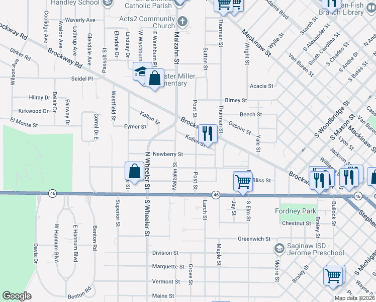 map of restaurants, bars, coffee shops, grocery stores, and more near 1819 Newberry Street in Saginaw