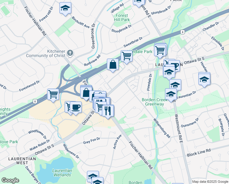 map of restaurants, bars, coffee shops, grocery stores, and more near 1257 Ottawa Street South in Kitchener