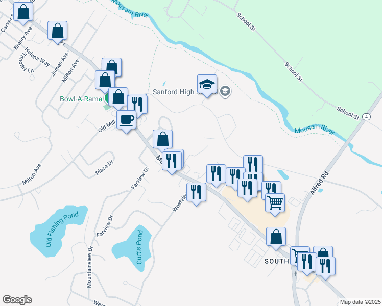 map of restaurants, bars, coffee shops, grocery stores, and more near 62 Mayflower Drive in Sanford