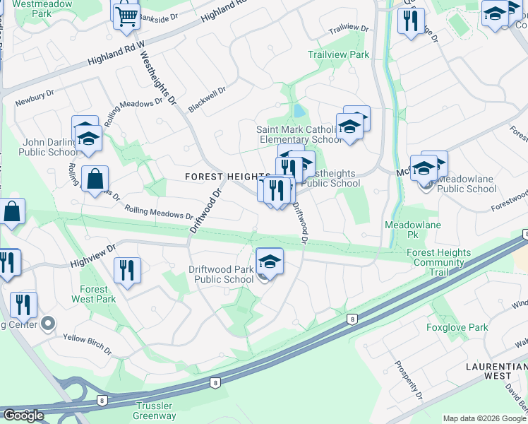 map of restaurants, bars, coffee shops, grocery stores, and more near in Kitchener