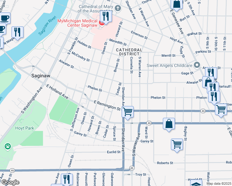 map of restaurants, bars, coffee shops, grocery stores, and more near 821 Phelon Street in Saginaw