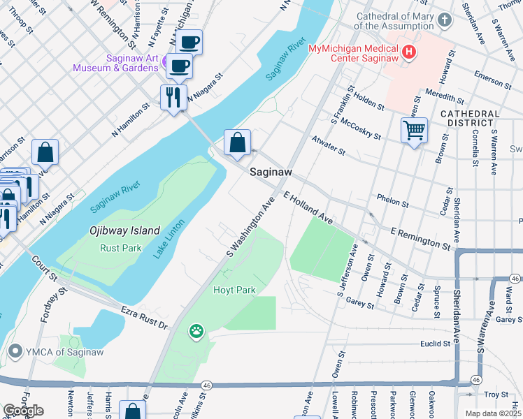 map of restaurants, bars, coffee shops, grocery stores, and more near Michigan 13 in Saginaw