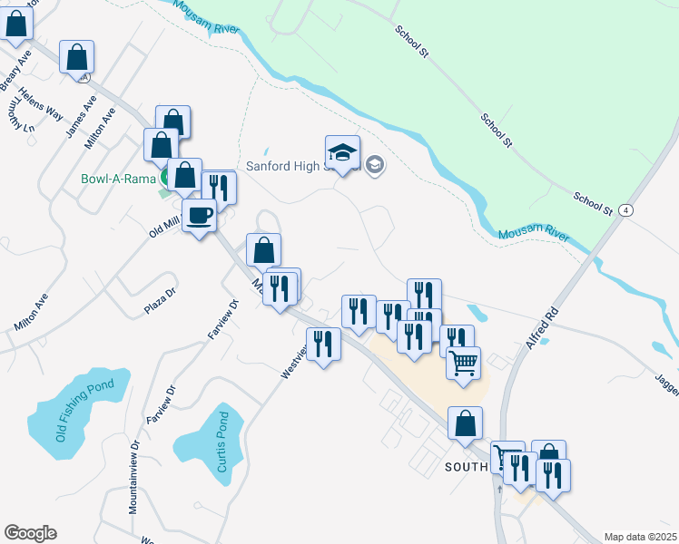map of restaurants, bars, coffee shops, grocery stores, and more near 27 Mayflower Drive in Sanford