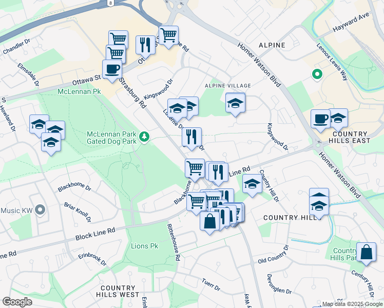map of restaurants, bars, coffee shops, grocery stores, and more near 581 Strasburg Road in Kitchener