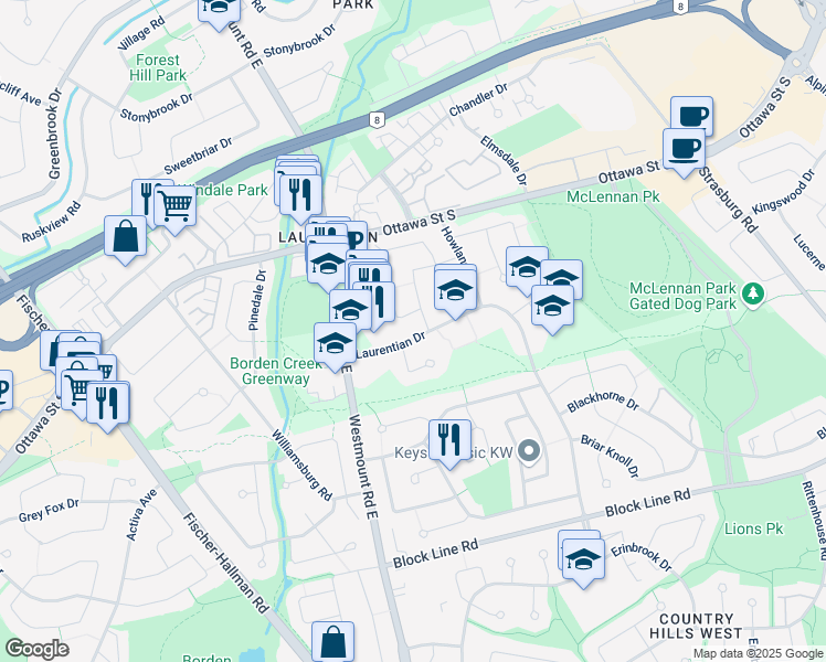 map of restaurants, bars, coffee shops, grocery stores, and more near 34 Laurentian Drive in Kitchener