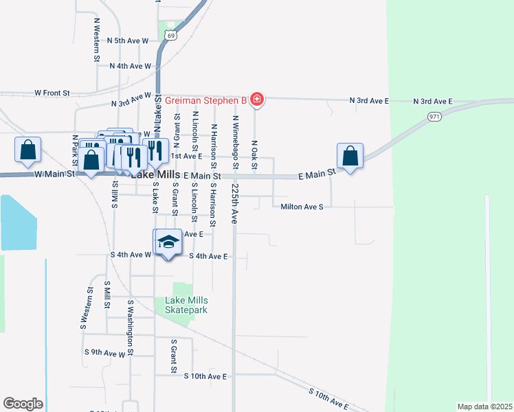 map of restaurants, bars, coffee shops, grocery stores, and more near 101-399 South Winnebago Street in Lake Mills