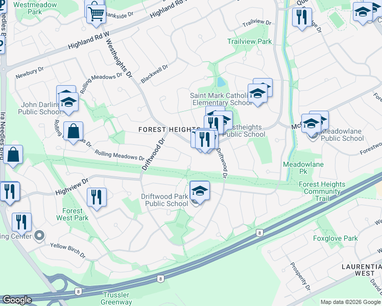 map of restaurants, bars, coffee shops, grocery stores, and more near 100 Homestead Place in Kitchener