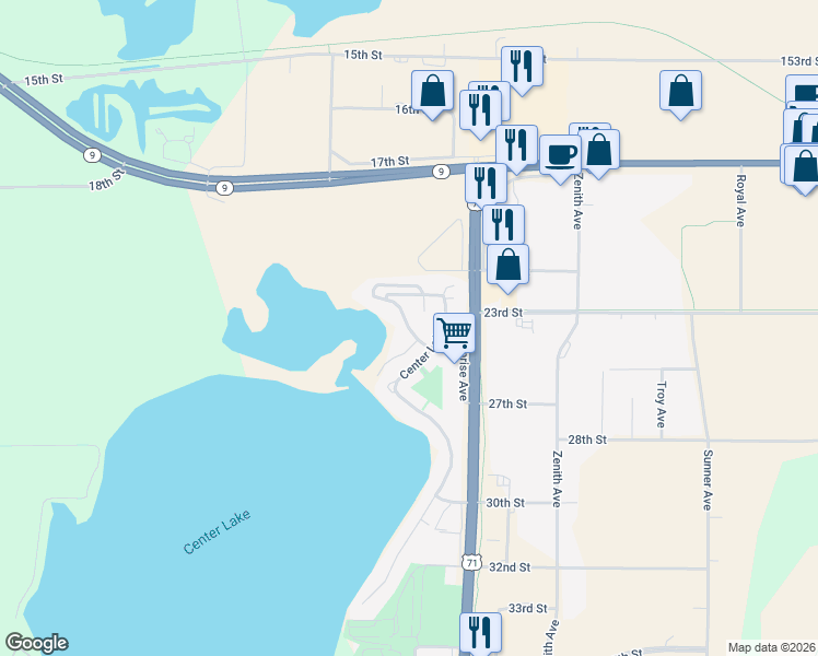 map of restaurants, bars, coffee shops, grocery stores, and more near Center Lake in Spirit Lake