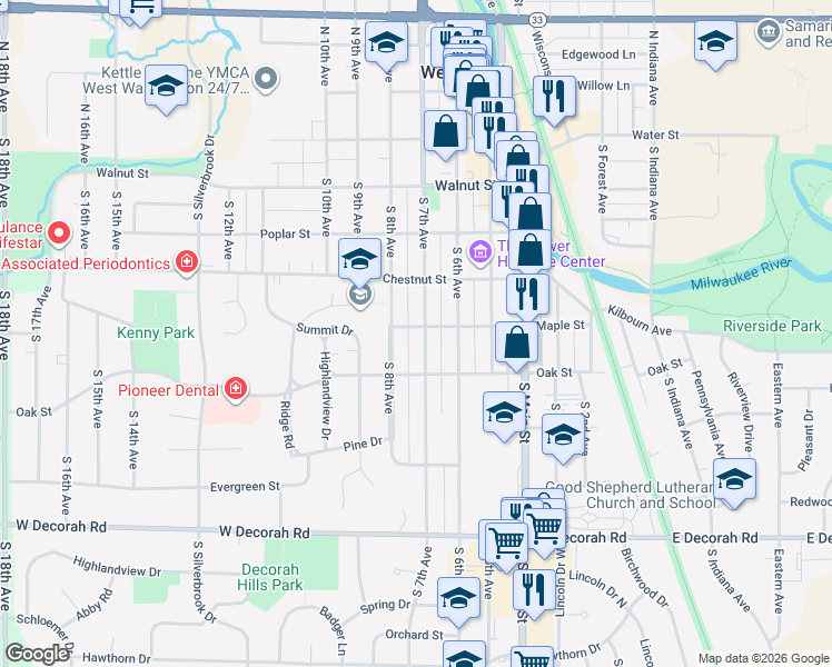 map of restaurants, bars, coffee shops, grocery stores, and more near 528 South 7th Avenue in West Bend
