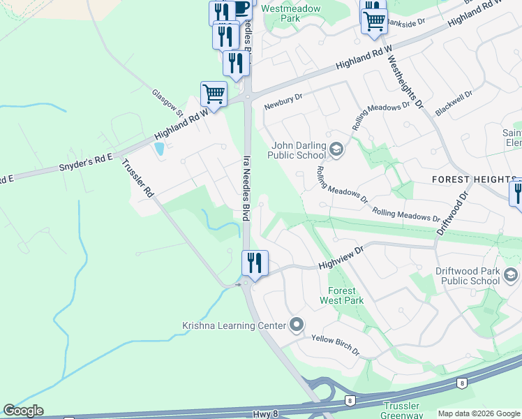 map of restaurants, bars, coffee shops, grocery stores, and more near 99 Old Maple Lane in Kitchener
