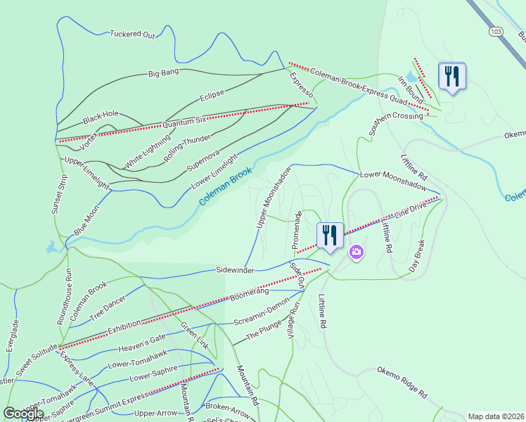 map of restaurants, bars, coffee shops, grocery stores, and more near 109 Moonshadow Drive in Windsor County