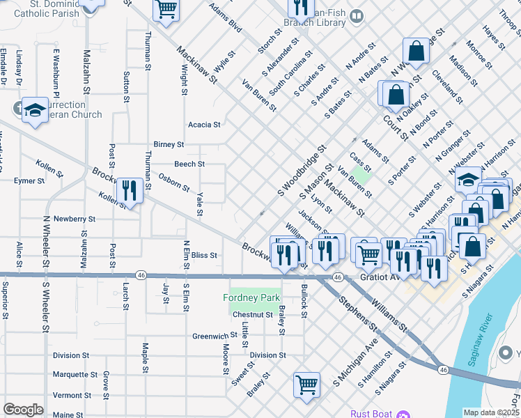 map of restaurants, bars, coffee shops, grocery stores, and more near 809 South Mason Street in Saginaw