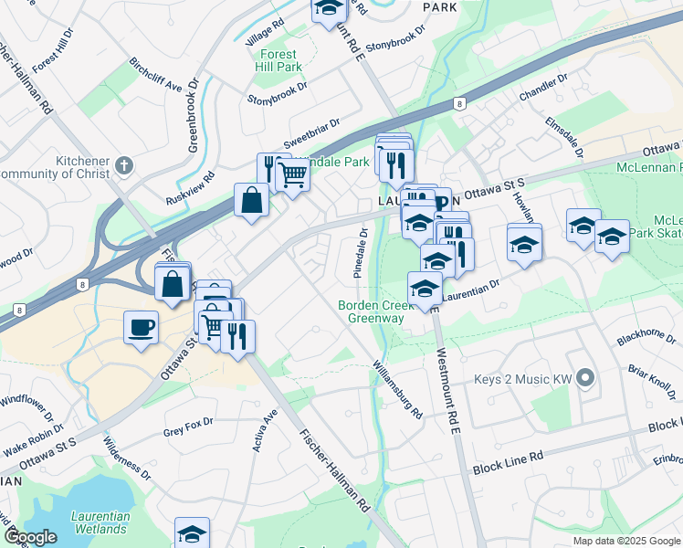 map of restaurants, bars, coffee shops, grocery stores, and more near 86 Hillsborough Crescent in Kitchener