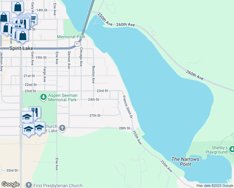 map of restaurants, bars, coffee shops, grocery stores, and more near 1-99 24th Street in Spirit Lake