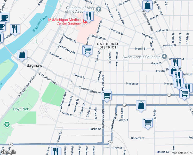 map of restaurants, bars, coffee shops, grocery stores, and more near 821 Phelon Street in Saginaw