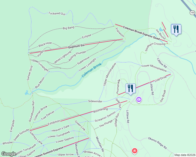 map of restaurants, bars, coffee shops, grocery stores, and more near 109 Moonshadow Drive in Windsor County