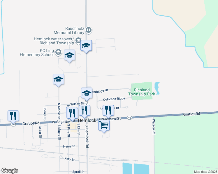 map of restaurants, bars, coffee shops, grocery stores, and more near 312 Sandridge Drive in Hemlock