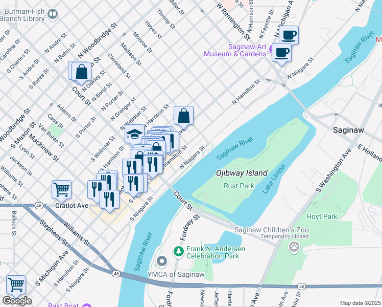 map of restaurants, bars, coffee shops, grocery stores, and more near 222-274 North Niagara Street in Saginaw