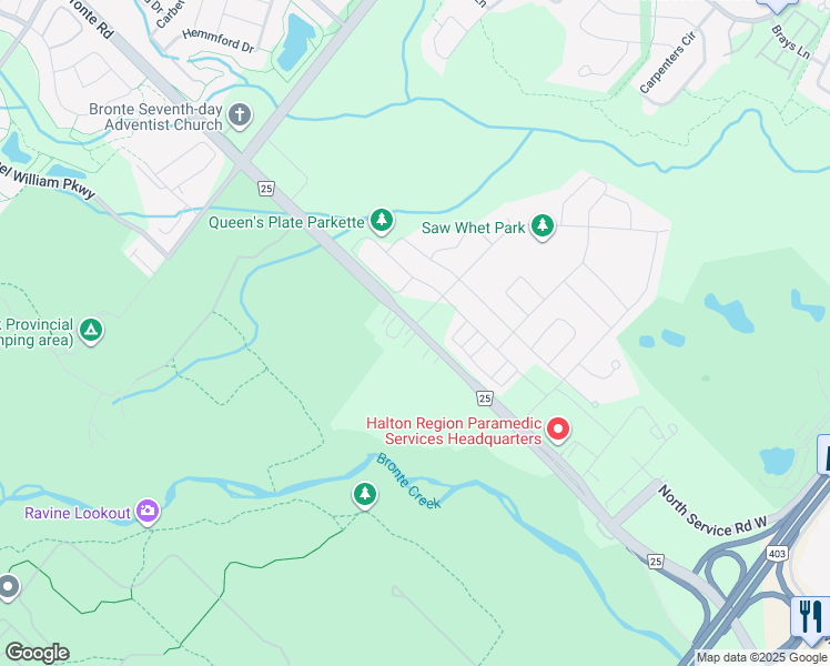 map of restaurants, bars, coffee shops, grocery stores, and more near 1342 Bronte Road in Oakville