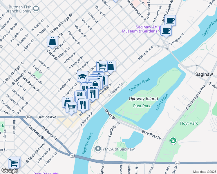 map of restaurants, bars, coffee shops, grocery stores, and more near 222-274 North Niagara Street in Saginaw