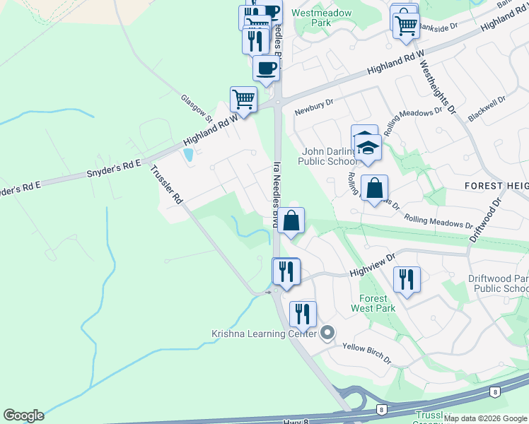 map of restaurants, bars, coffee shops, grocery stores, and more near 16 Penelope Drive in Kitchener