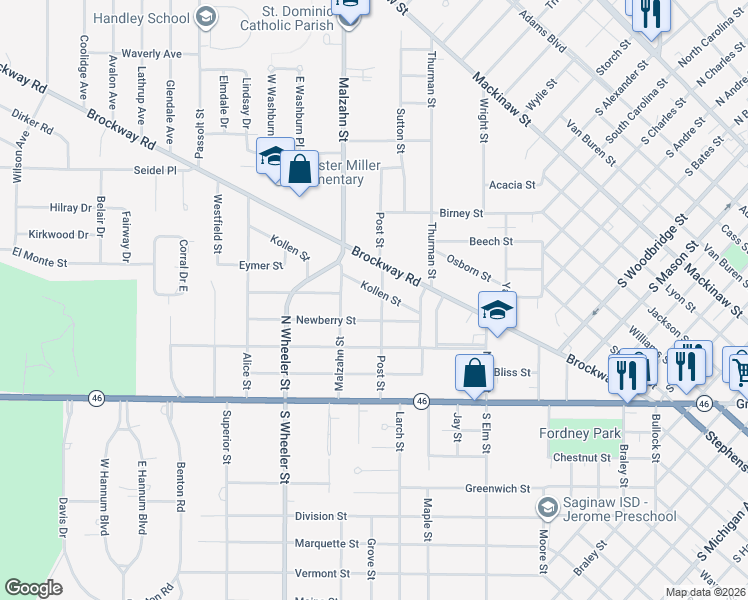 map of restaurants, bars, coffee shops, grocery stores, and more near 1819 Newberry Street in Saginaw