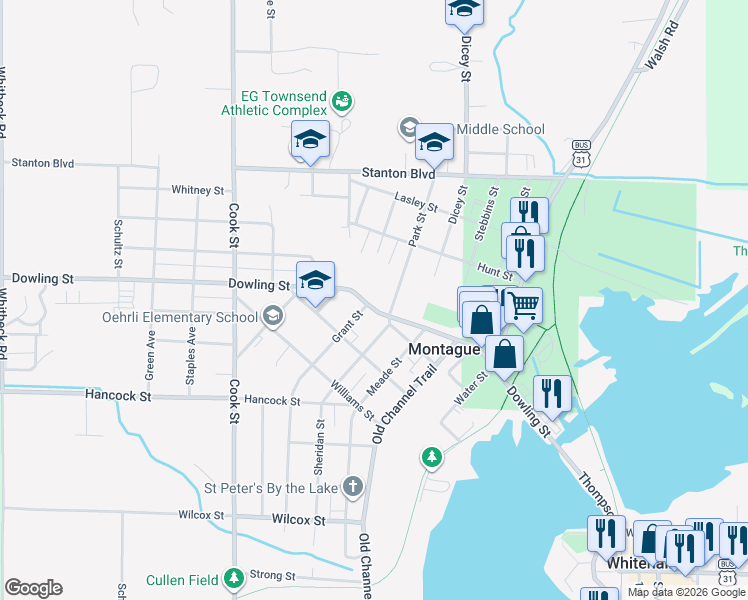 map of restaurants, bars, coffee shops, grocery stores, and more near Sheridan Street in Montague