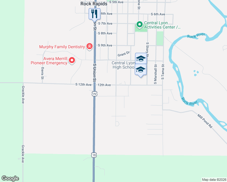 map of restaurants, bars, coffee shops, grocery stores, and more near 1204-1302 South Carroll Street in Rock Rapids