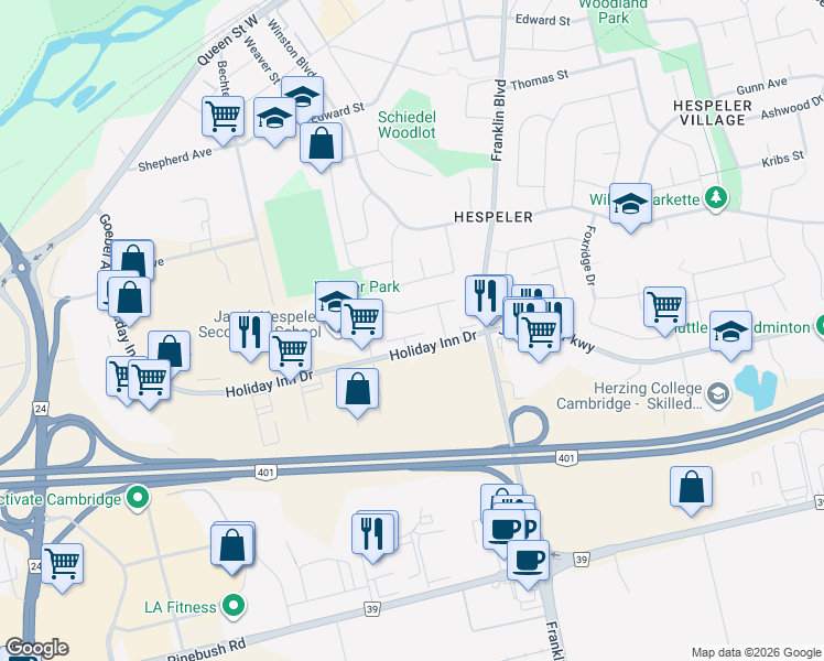 map of restaurants, bars, coffee shops, grocery stores, and more near 375 Holiday Inn Drive in Cambridge