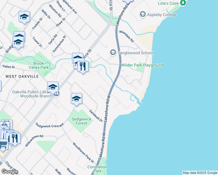 map of restaurants, bars, coffee shops, grocery stores, and more near 1183 Lakeshore Road West in Oakville