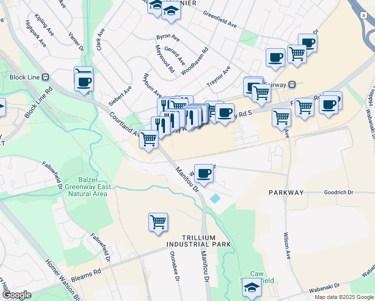 map of restaurants, bars, coffee shops, grocery stores, and more near 655 Fairway Road South in Kitchener