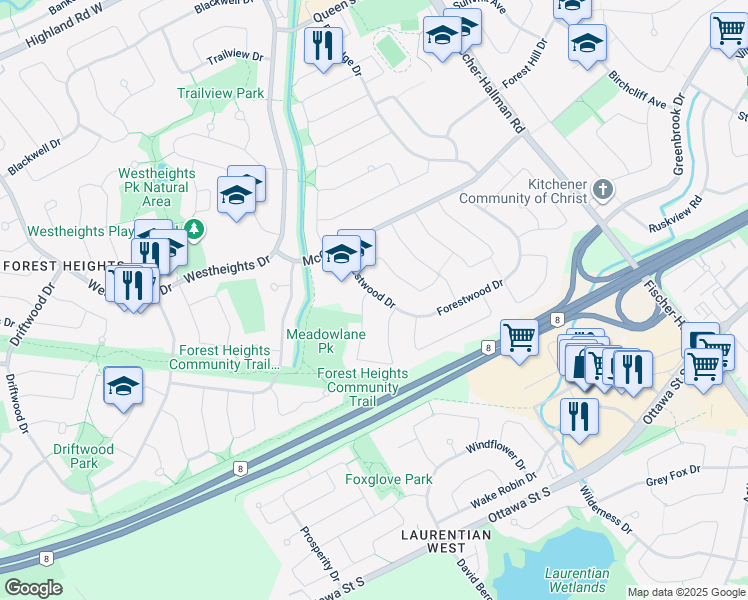 map of restaurants, bars, coffee shops, grocery stores, and more near 97 Meadowlane Drive in Kitchener