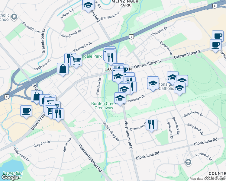 map of restaurants, bars, coffee shops, grocery stores, and more near  in Kitchener