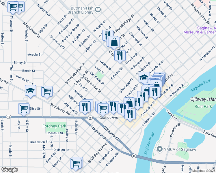 map of restaurants, bars, coffee shops, grocery stores, and more near 920 Cass Street in Saginaw