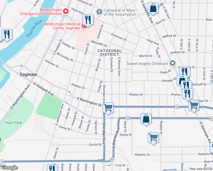 map of restaurants, bars, coffee shops, grocery stores, and more near 907 Atwater Street in Saginaw