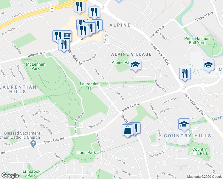 map of restaurants, bars, coffee shops, grocery stores, and more near 165 Selkirk Drive in Kitchener
