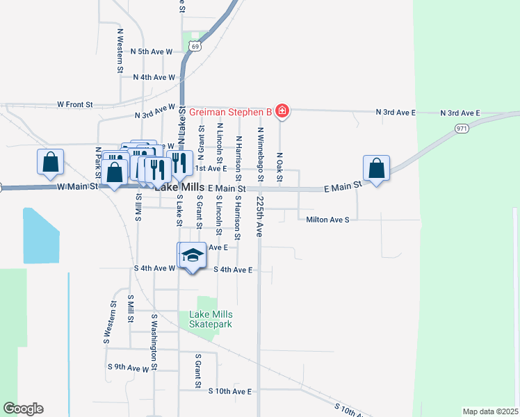 map of restaurants, bars, coffee shops, grocery stores, and more near 101 South Winnebago Street in Lake Mills