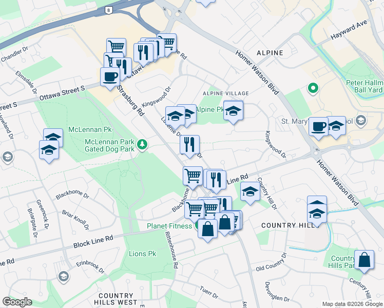 map of restaurants, bars, coffee shops, grocery stores, and more near 105 Lucerne Drive in Kitchener