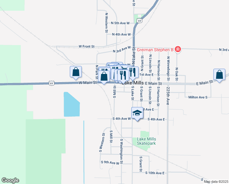 map of restaurants, bars, coffee shops, grocery stores, and more near 50 South Mill Street in Lake Mills