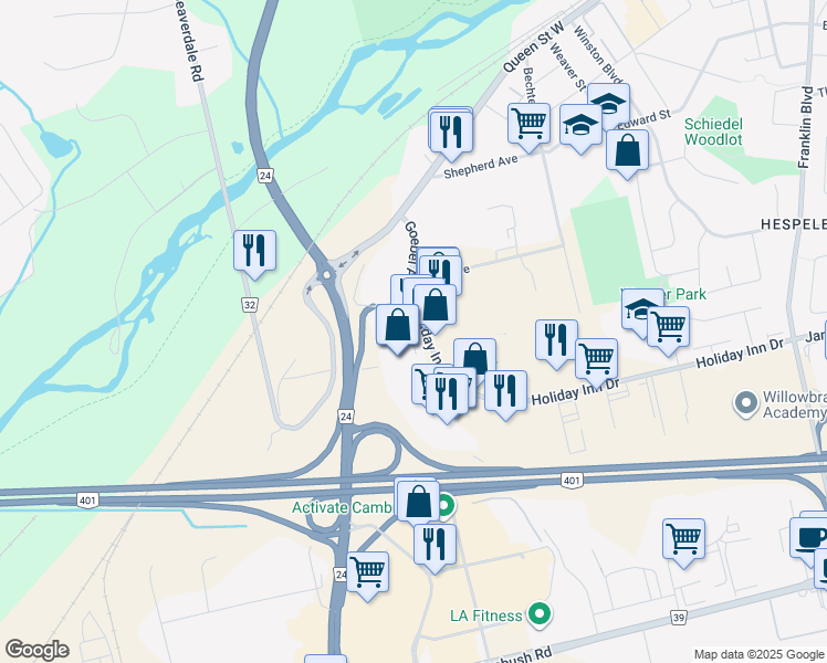 map of restaurants, bars, coffee shops, grocery stores, and more near 150 Holiday Inn Drive in Cambridge