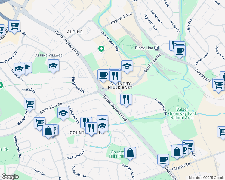 map of restaurants, bars, coffee shops, grocery stores, and more near 1425 Block Line Road in Kitchener