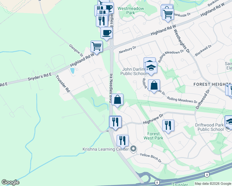 map of restaurants, bars, coffee shops, grocery stores, and more near 99 Old Maple Lane in Kitchener