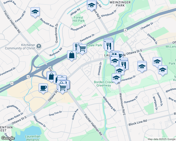 map of restaurants, bars, coffee shops, grocery stores, and more near 55 Hillsborough Crescent in Kitchener