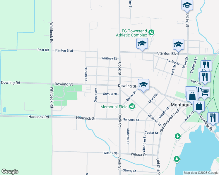 map of restaurants, bars, coffee shops, grocery stores, and more near 5040 Dowling Street in Montague
