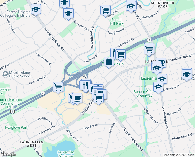 map of restaurants, bars, coffee shops, grocery stores, and more near 41 Valleyview Road in Kitchener
