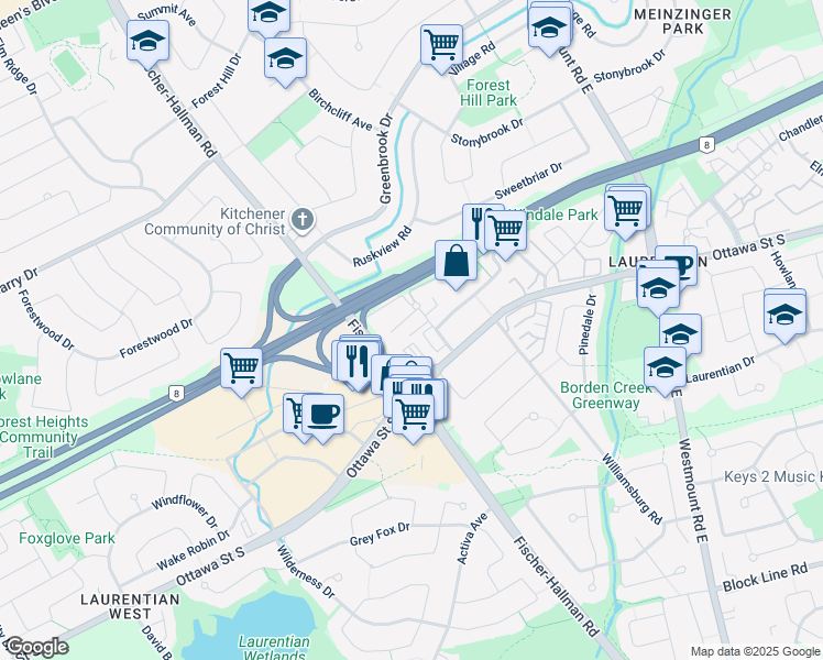 map of restaurants, bars, coffee shops, grocery stores, and more near 41 Valleyview Road in Kitchener