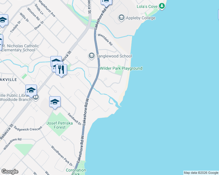 map of restaurants, bars, coffee shops, grocery stores, and more near 122 Lisonally Court in Oakville