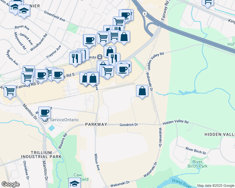 map of restaurants, bars, coffee shops, grocery stores, and more near 225 Webster Road in Kitchener
